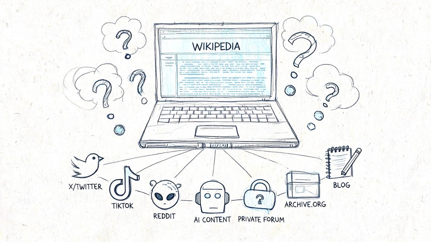 A conceptual sketch showing a laptop displaying Wikipedia surrounded by various digital information sources and question marks.