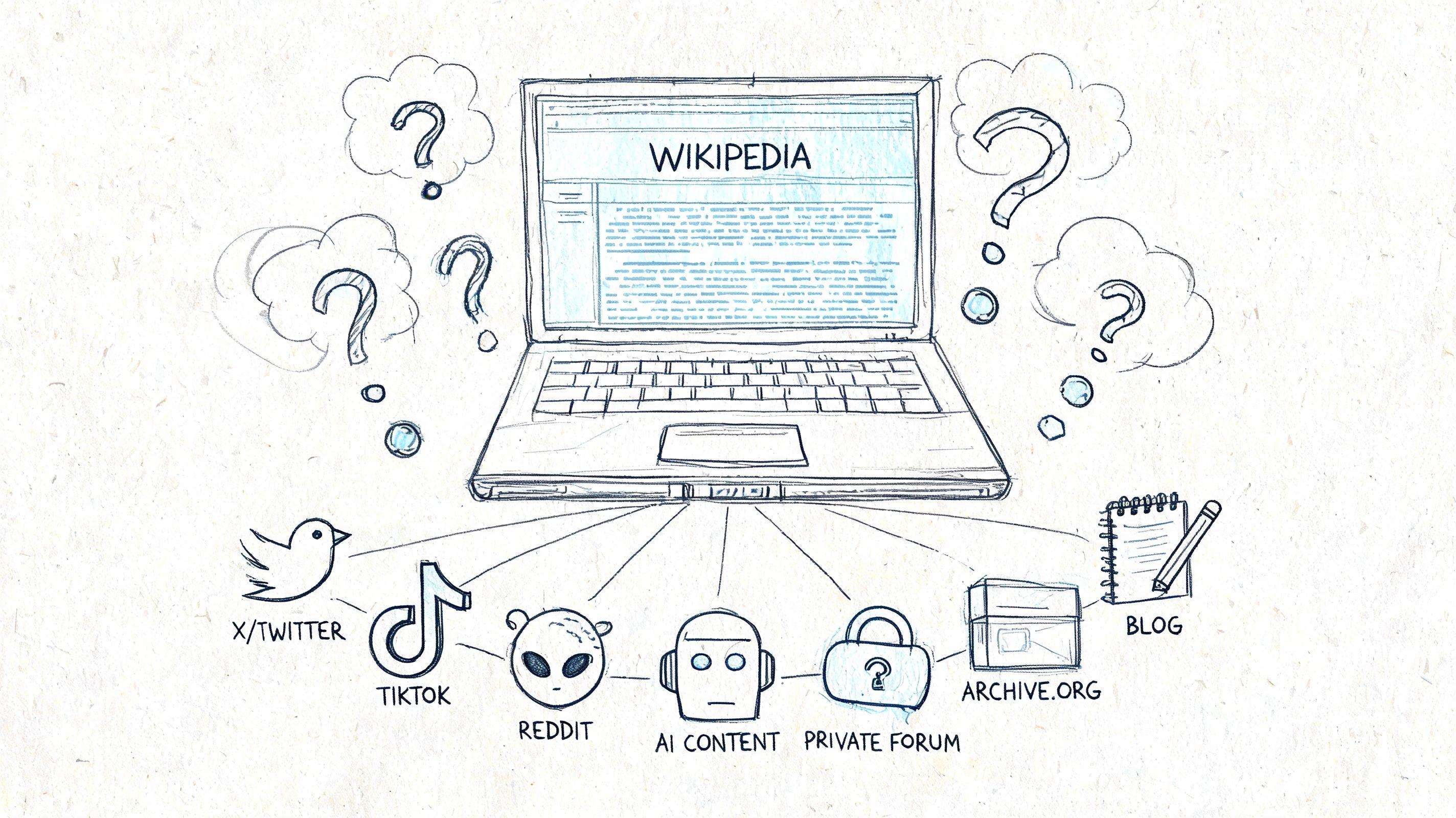 A conceptual sketch showing a laptop displaying Wikipedia surrounded by various digital information sources and question marks.