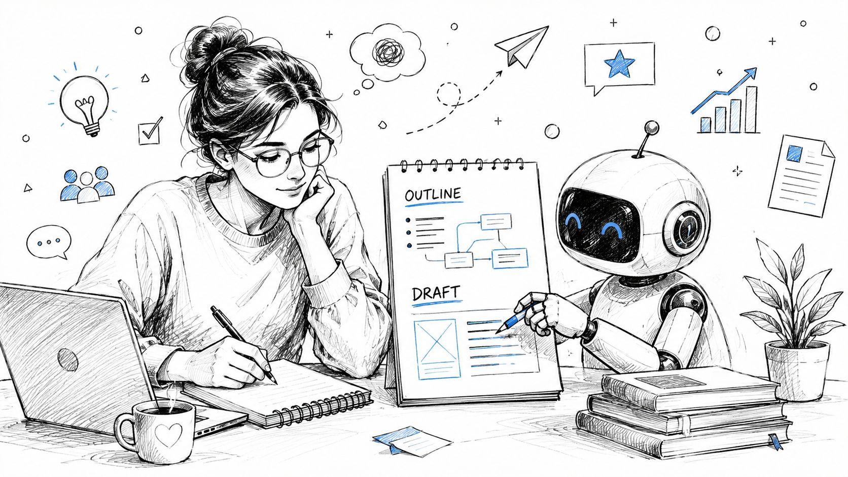 A young woman writing in a notebook next to a small robot pointing at a document.