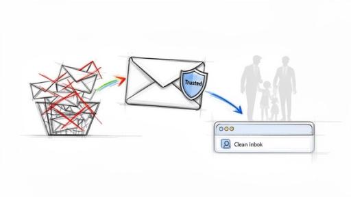 Illustration of email filtering process from spam to a trusted, clean inbox for family safety.