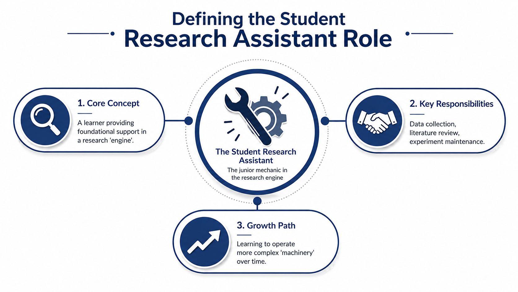 A diagram defining the role of a student research assistant as a junior mechanic in research.