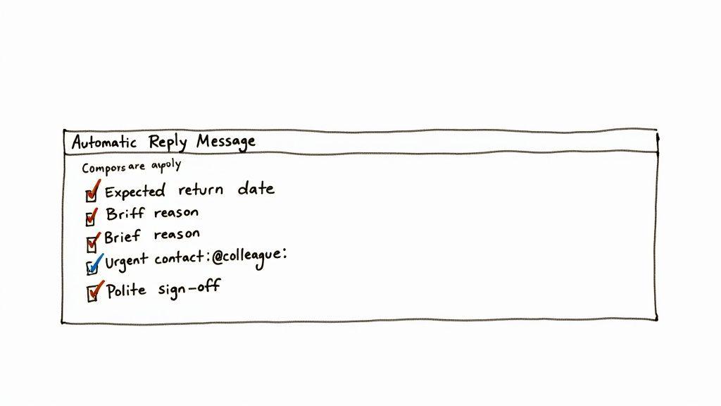 A hand-drawn checklist for an automatic reply message, detailing key components like return date and urgent contact.