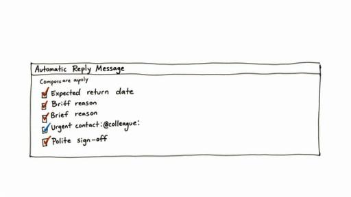 A hand-drawn checklist for an automatic reply message, detailing key components like return date and urgent contact.