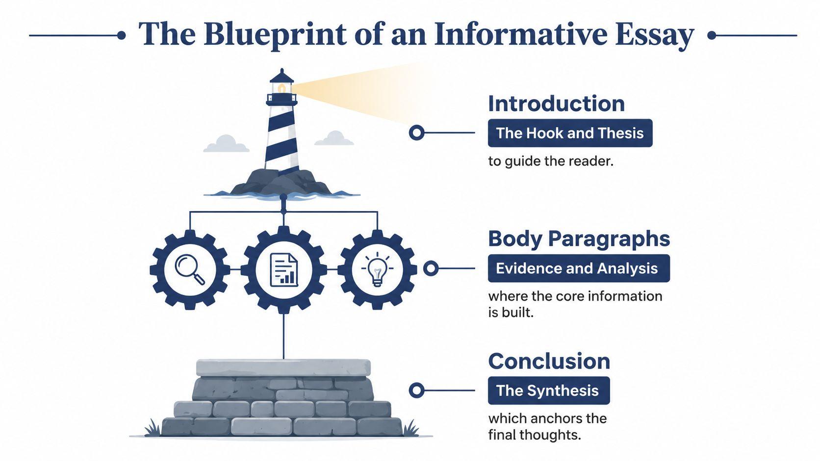 An infographic illustrating the structure of an informative essay using a lighthouse, gears, and a stone base.