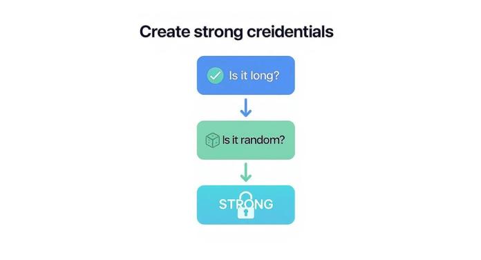 Flowchart showing three steps to create strong credentials: length, randomness, and strength