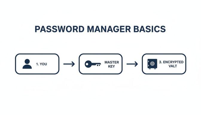 Flowchart illustrating password manager basics: You use a master key to unlock your encrypted vault.