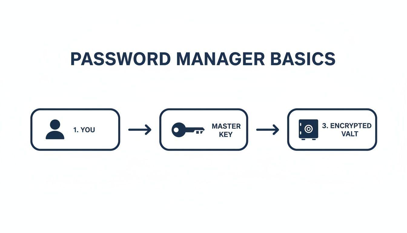 Flowchart illustrating password manager basics: You use a master key to unlock your encrypted vault.