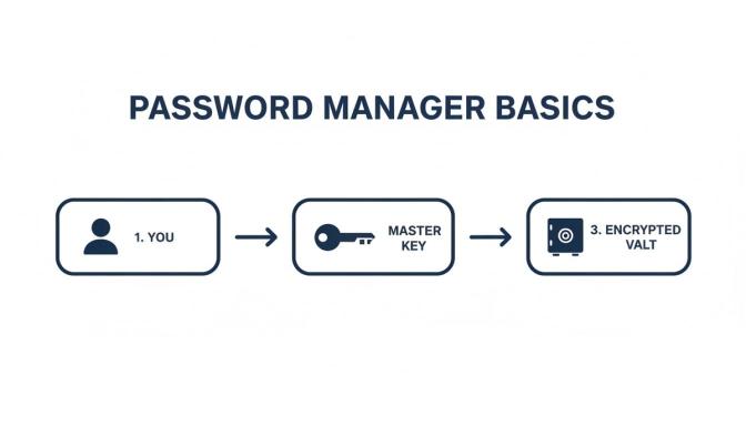 Flowchart illustrating password manager basics: You use a master key to unlock your encrypted vault.