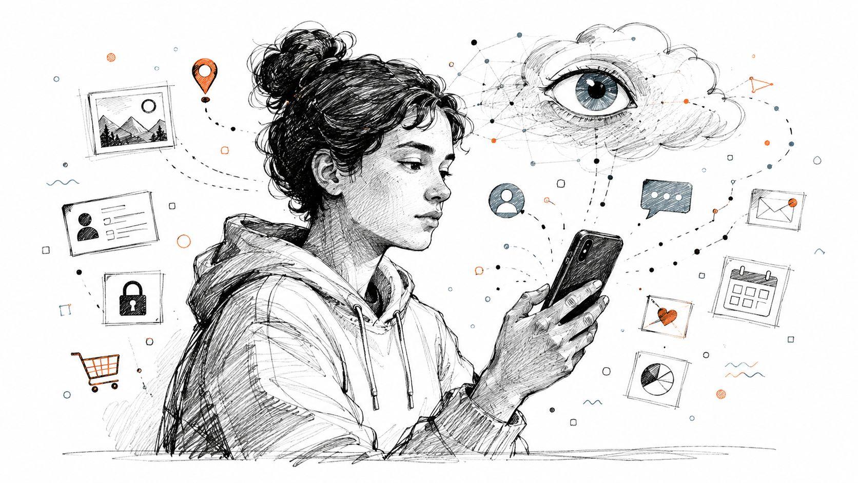 A pencil sketch of a young woman looking at her smartphone surrounded by various digital privacy icons.