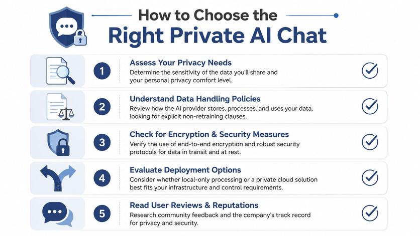 A five-step guide on how to choose a secure and private AI chat service for personal data protection.