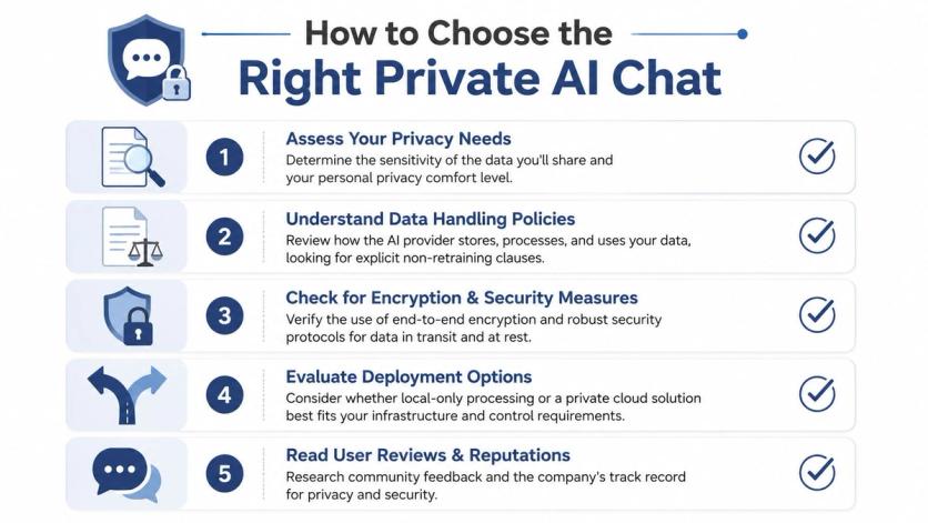 A five-step guide on how to choose a secure and private AI chat service for personal data protection.