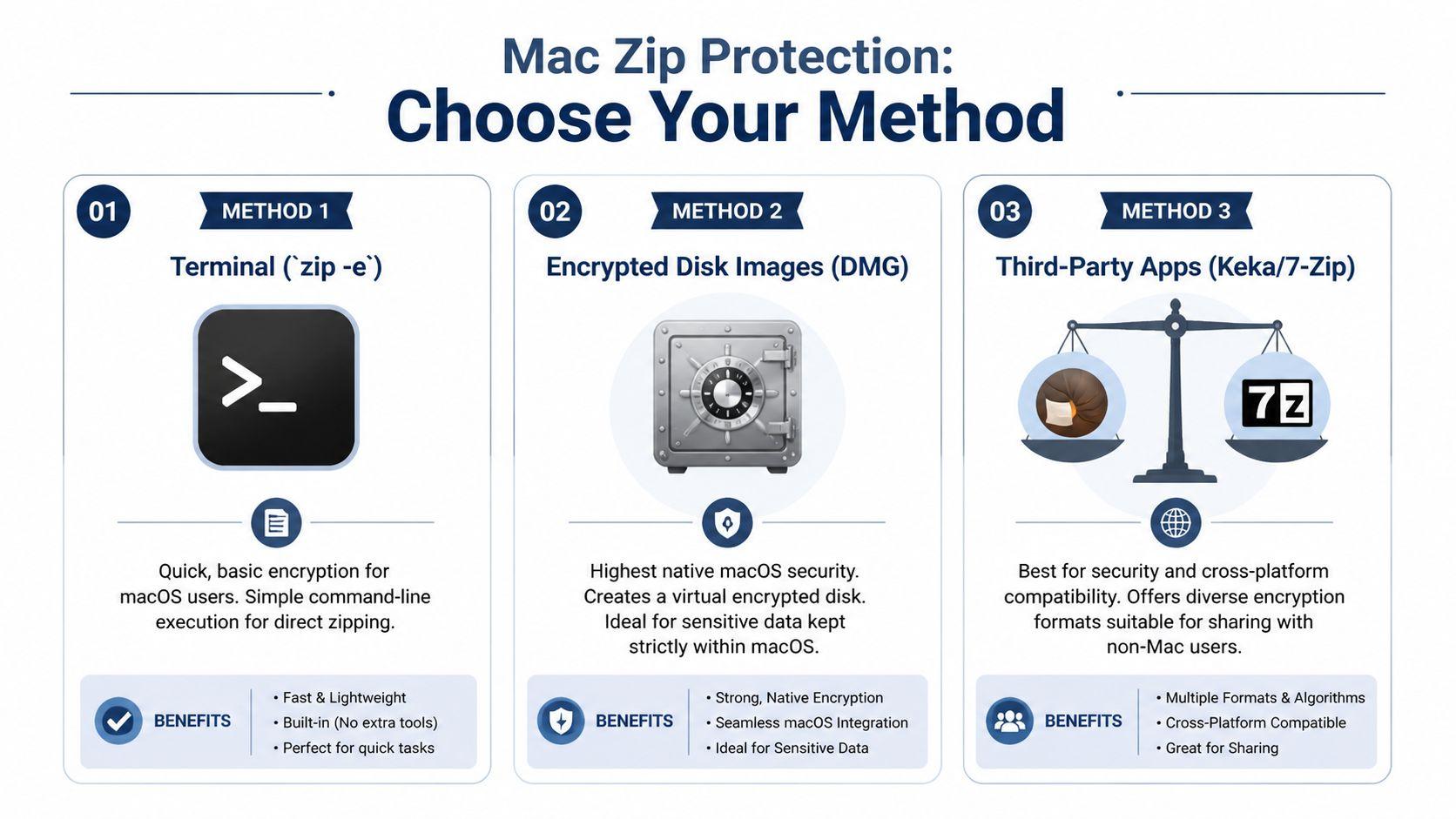 A comparison guide showing three different methods to password protect zip files on macOS computers.