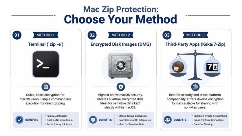 A comparison guide showing three different methods to password protect zip files on macOS computers.