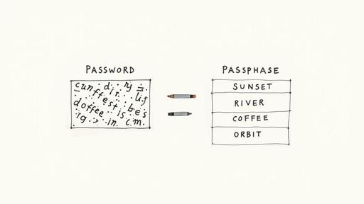 Comparison diagram showing complex password versus simple passphrase with four memorable words