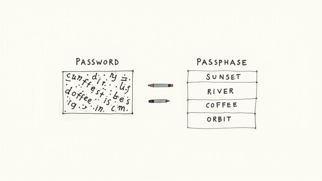 Comparison diagram showing complex password versus simple passphrase with four memorable words