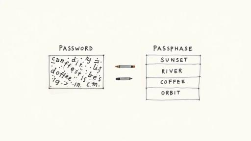 Comparison diagram showing complex password versus simple passphrase with four memorable words