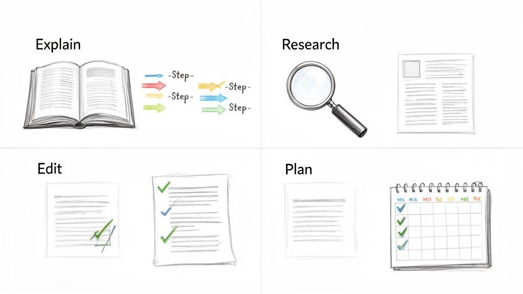 Four quadrants illustrating steps like explain, research, edit, and plan for project management or study.