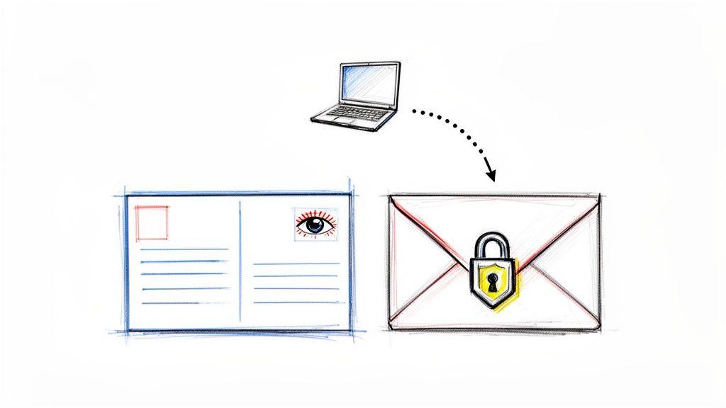 A laptop sending data to a secure, locked envelope, contrasting with an open postcard with an eye.