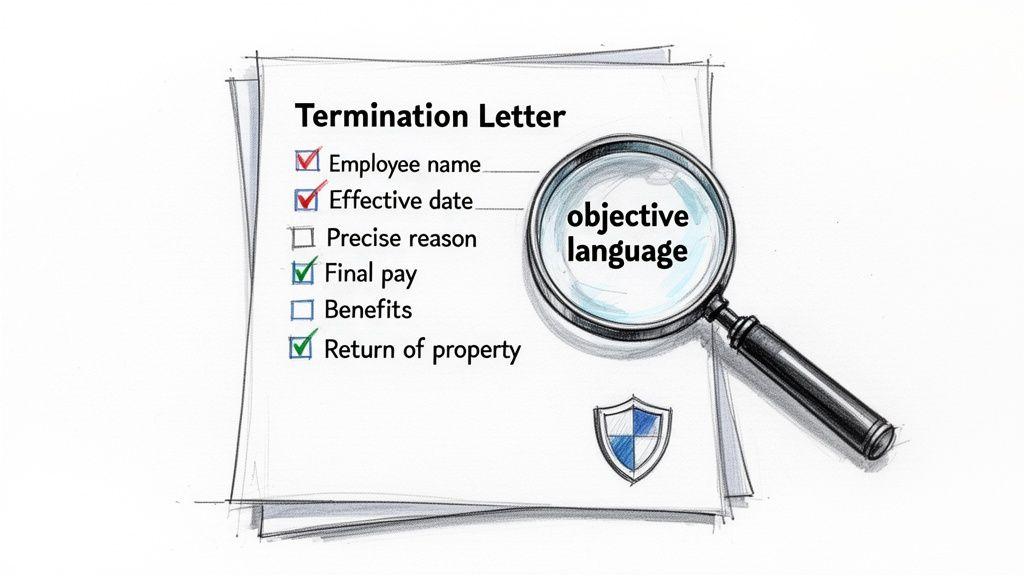 Illustration of a termination letter checklist highlighting objective language, employee details, and legal considerations.