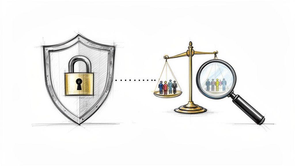 A sketch shows data privacy (shield with padlock) balancing with data scrutiny (scale, magnifying glass, people).