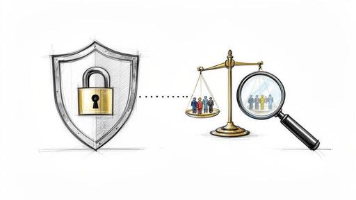 A sketch shows data privacy (shield with padlock) balancing with data scrutiny (scale, magnifying glass, people).