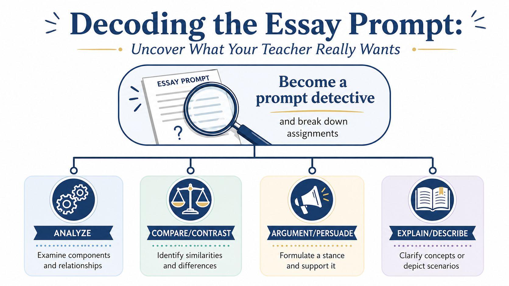 An infographic titled Decoding the Essay Prompt, showing four categories for analyzing essay assignments.