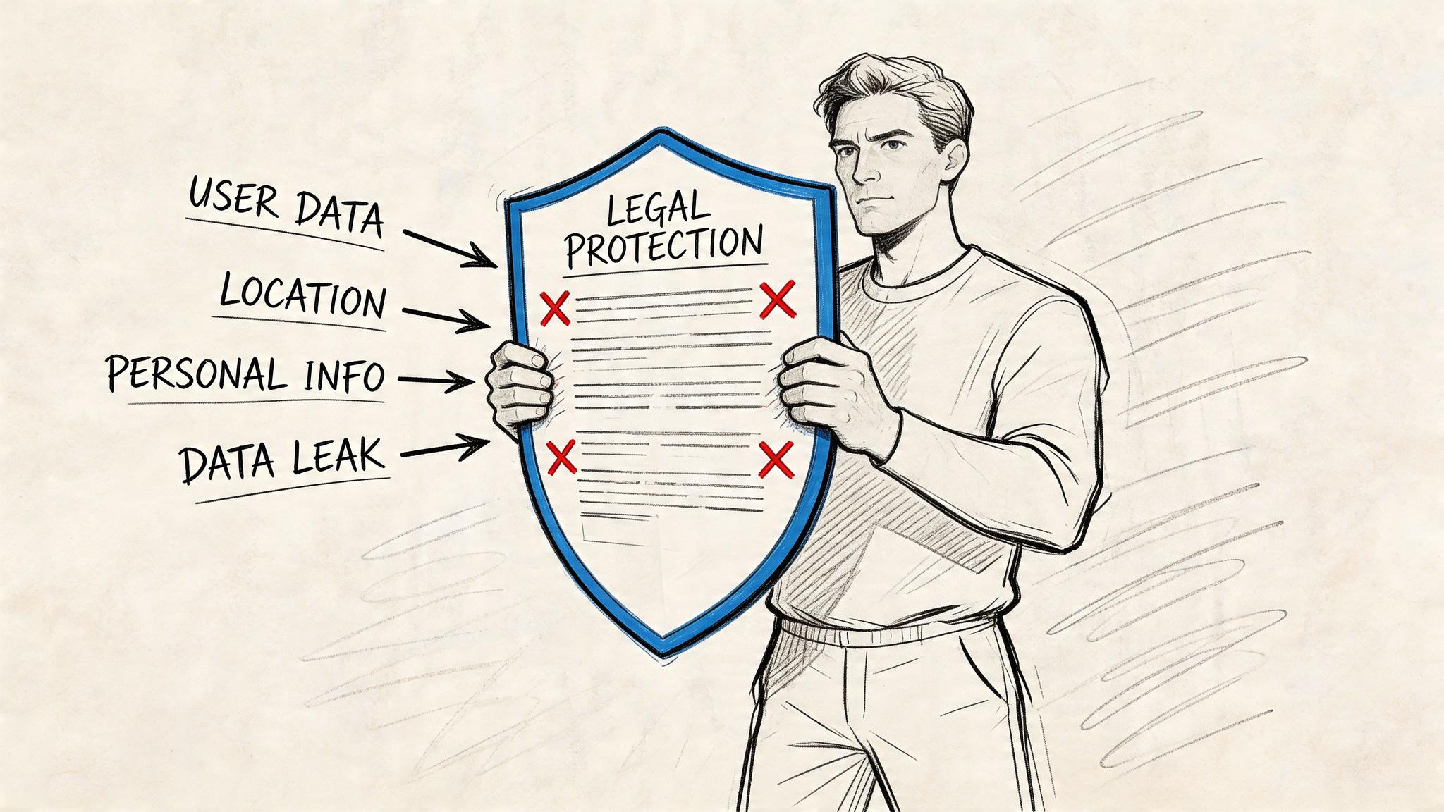 A man holding a shield labeled legal protection that defends against data leaks and personal information exposure.
