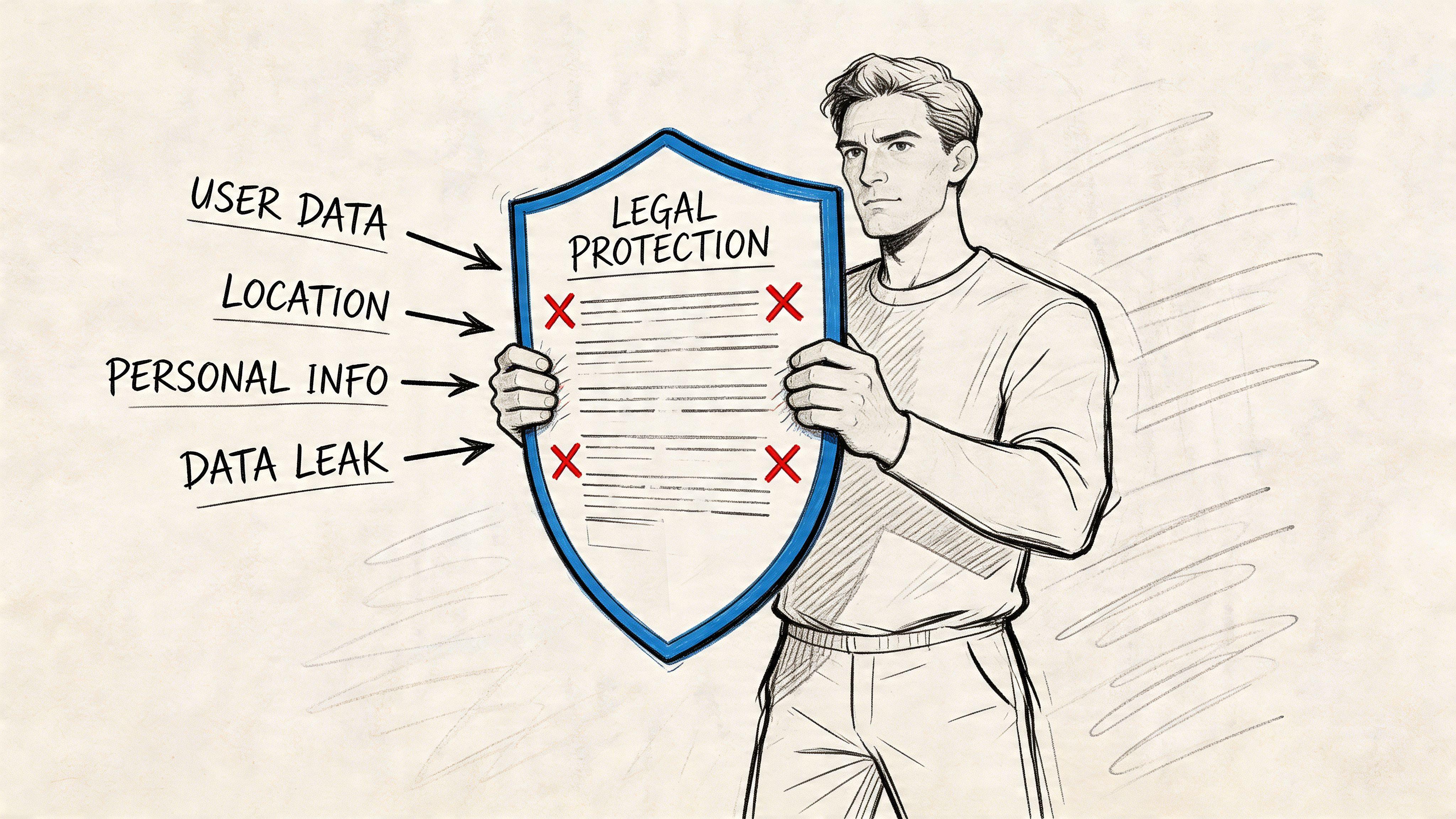 A man holding a shield labeled legal protection that defends against data leaks and personal information exposure.