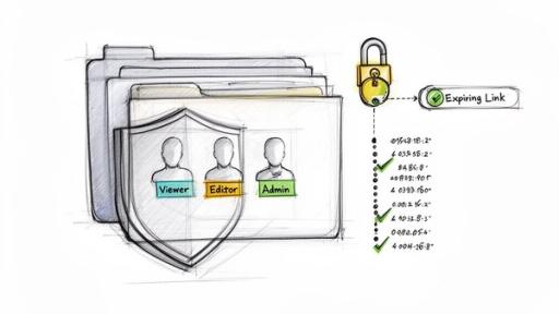 Illustration of secure document management with access roles (Viewer, Editor, Admin) and an expiring link controlled by a padlock.