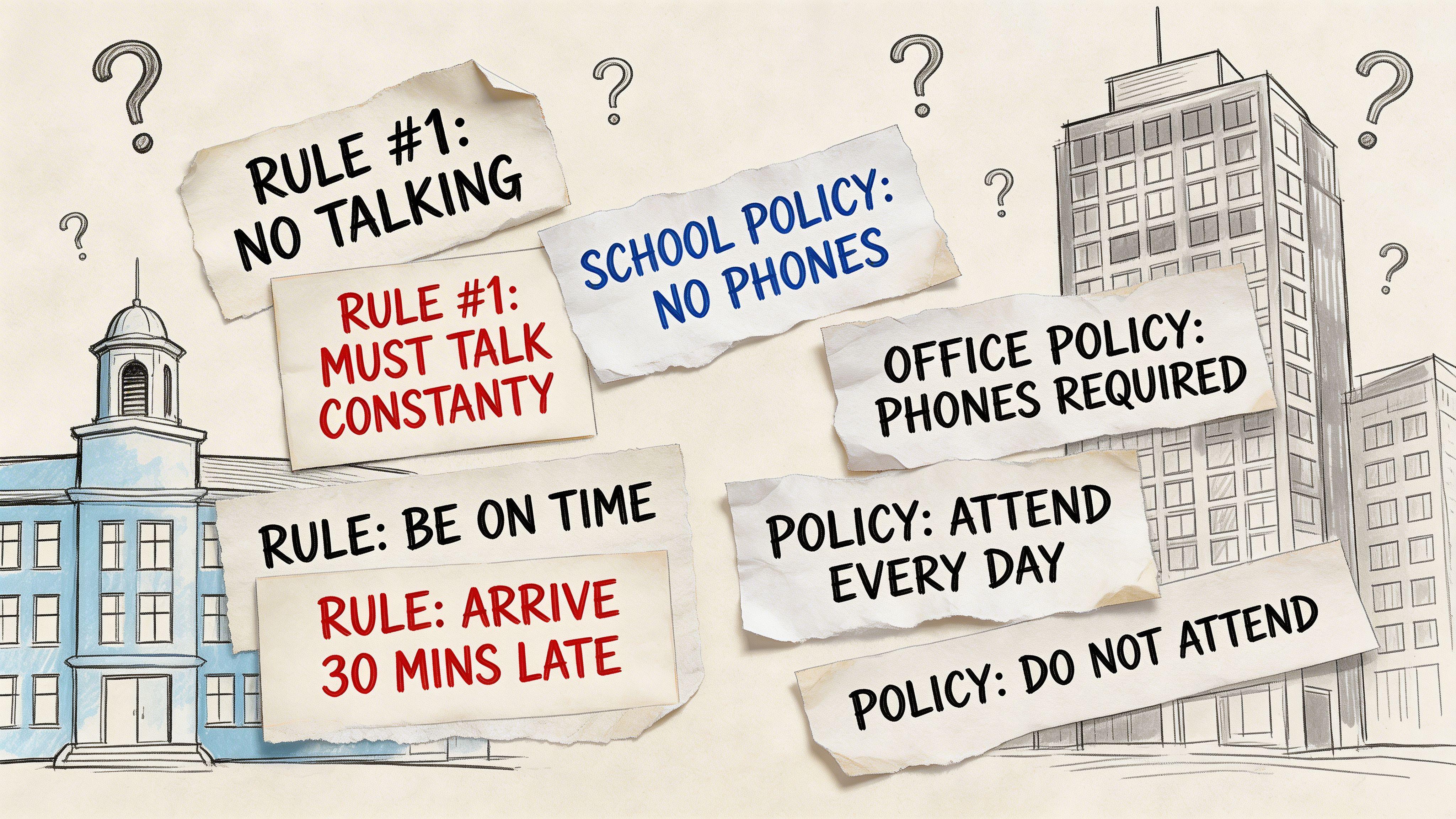 Conflicting rules and policies written on torn paper scraps floating in front of school and office building illustrations.