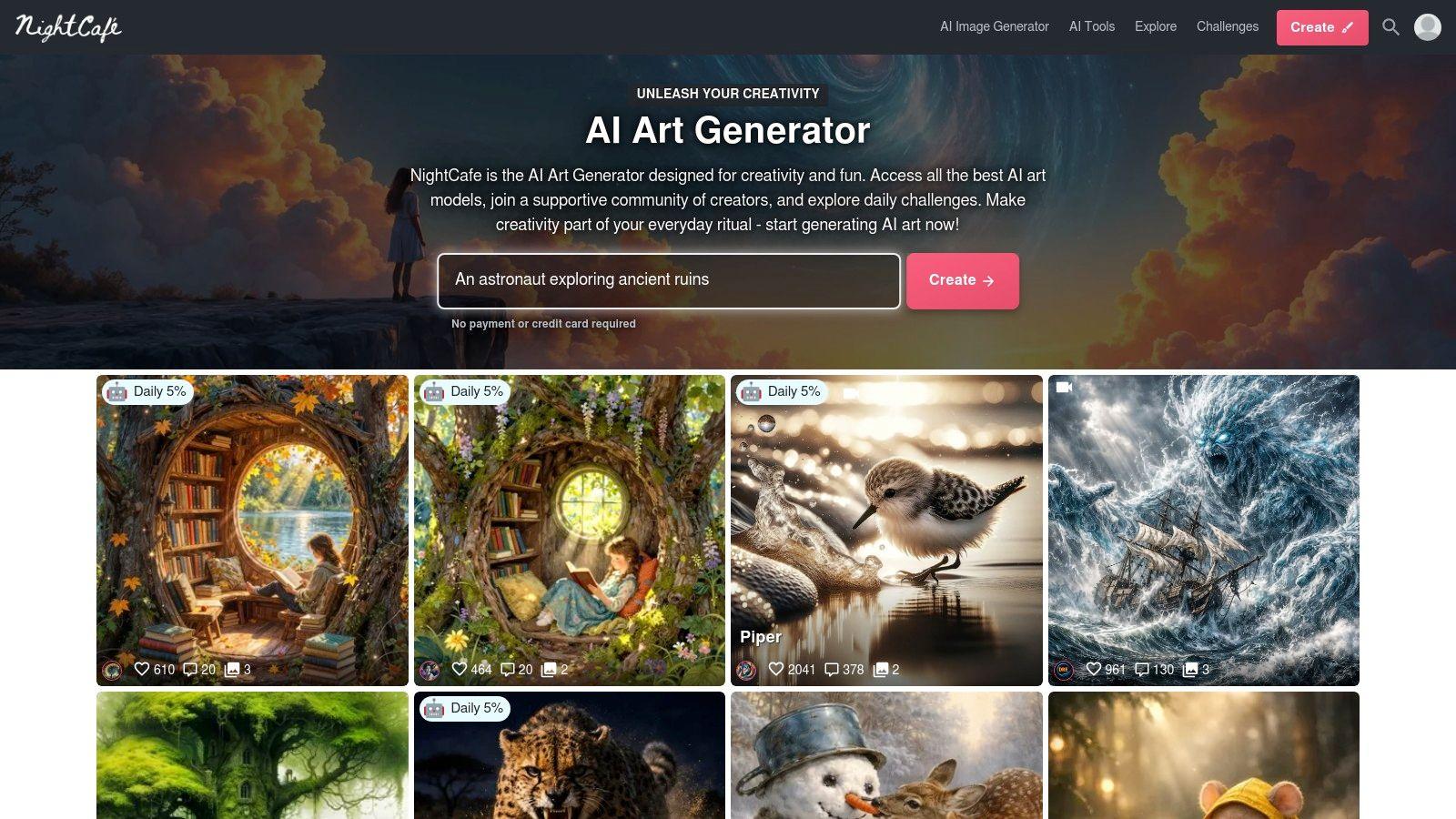 NightCafe Studio interface showing various image generation options and community art