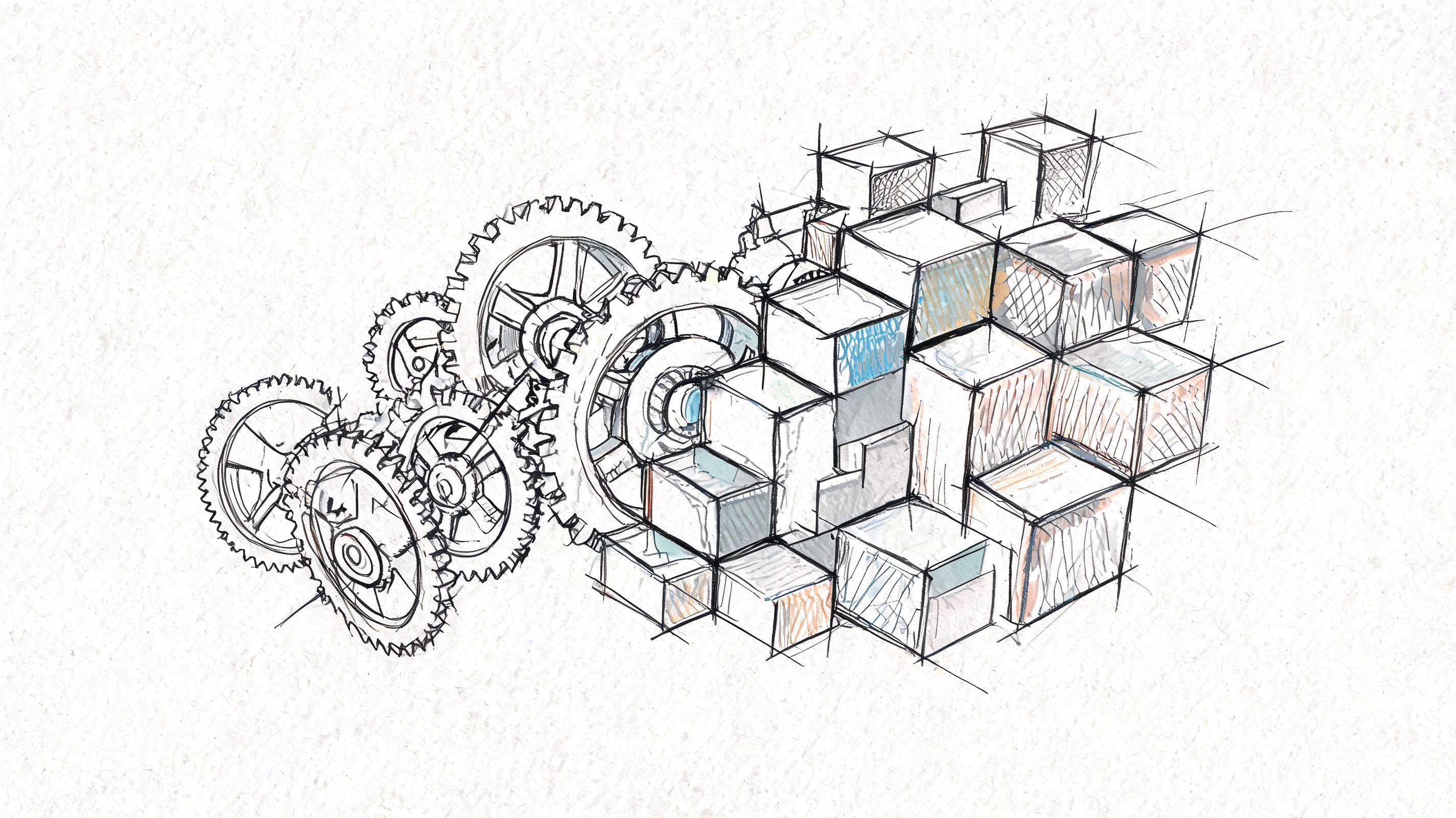 A pencil sketch illustrating a mechanical assembly with interconnected gears attached to a collection of structured geometric cubes.
