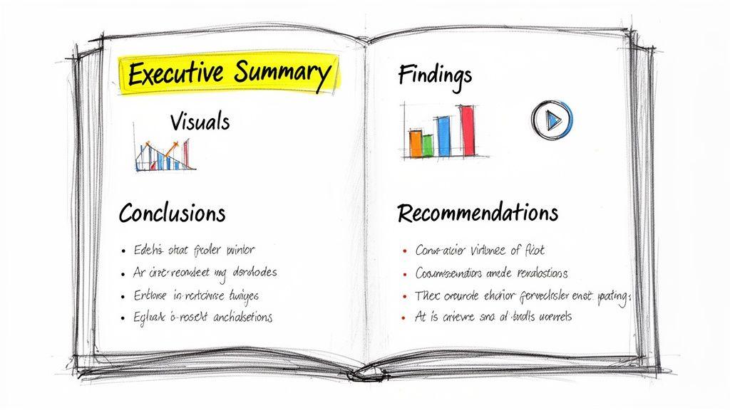 A hand-drawn sketch of an open book displaying an executive summary, findings, conclusions, and recommendations sections with charts and bullet points.