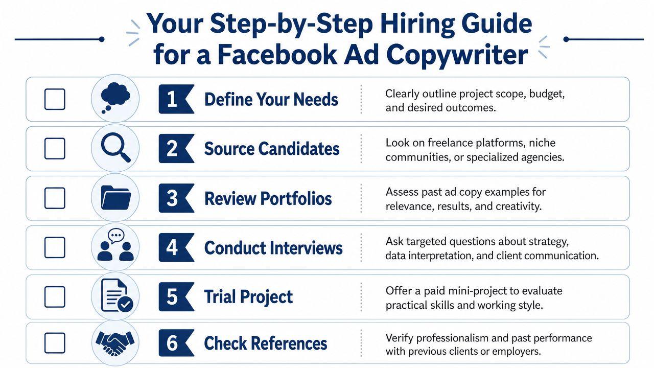 A six-step hiring guide infographic for finding and evaluating a professional Facebook ad copywriter for your business.