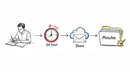 Diagram showing steps to write meeting minutes: person writing, 24-hour deadline, sharing via cloud email, and final approved minutes folder.