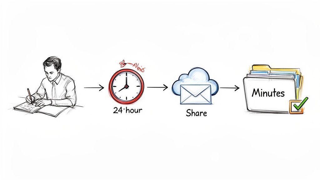 Diagram showing steps to write meeting minutes: person writing, 24-hour deadline, sharing via cloud email, and final approved minutes folder.