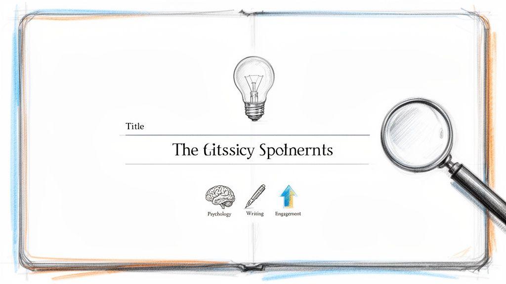 An open notebook page displaying a title, lightbulb, magnifying glass, and icons for psychology, writing, and engagement.
