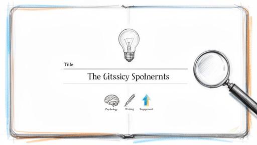 An open notebook page displaying a title, lightbulb, magnifying glass, and icons for psychology, writing, and engagement.