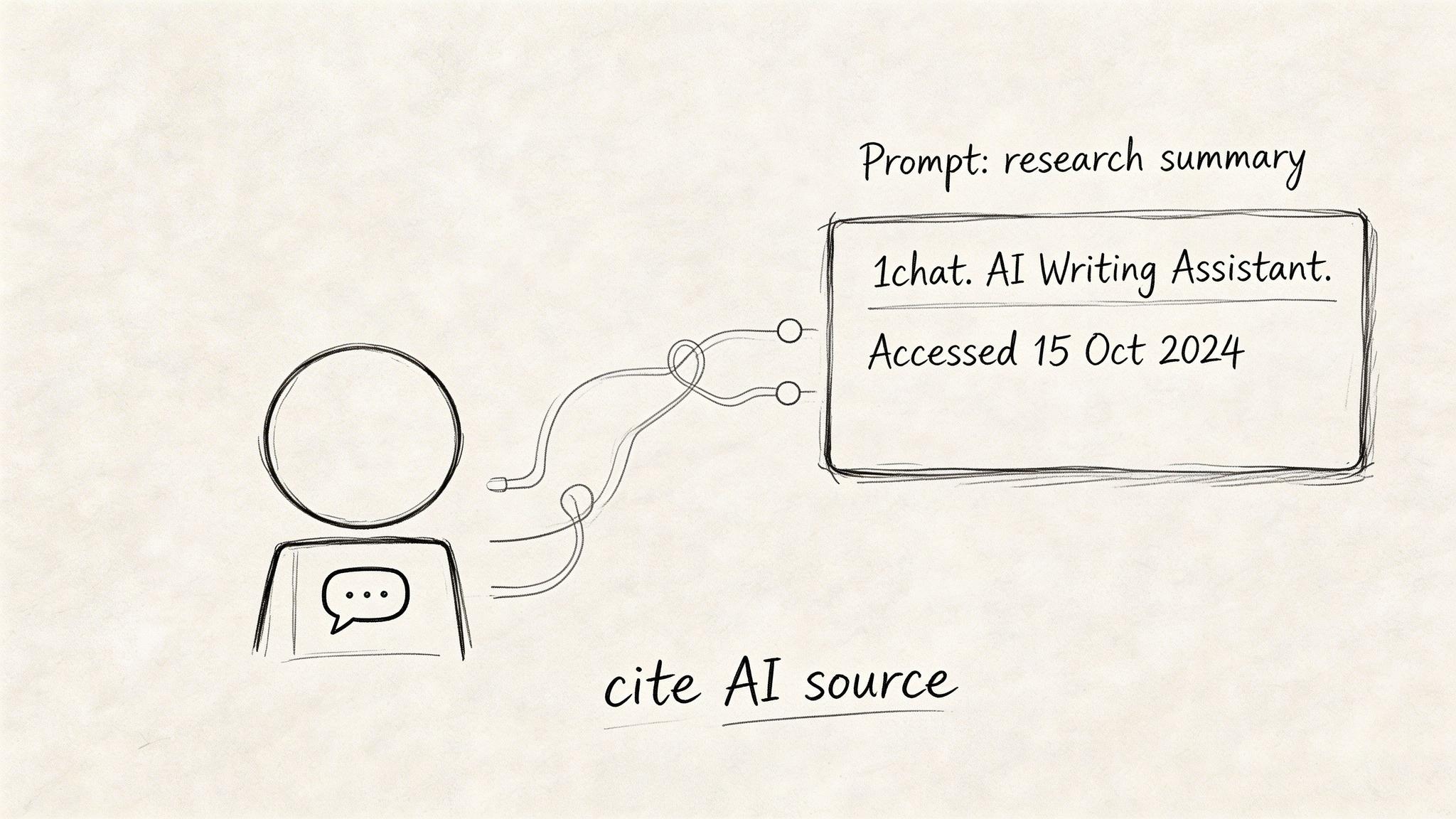 A hand-drawn sketch illustrating the proper MLA format method for citing an AI writing assistant source.