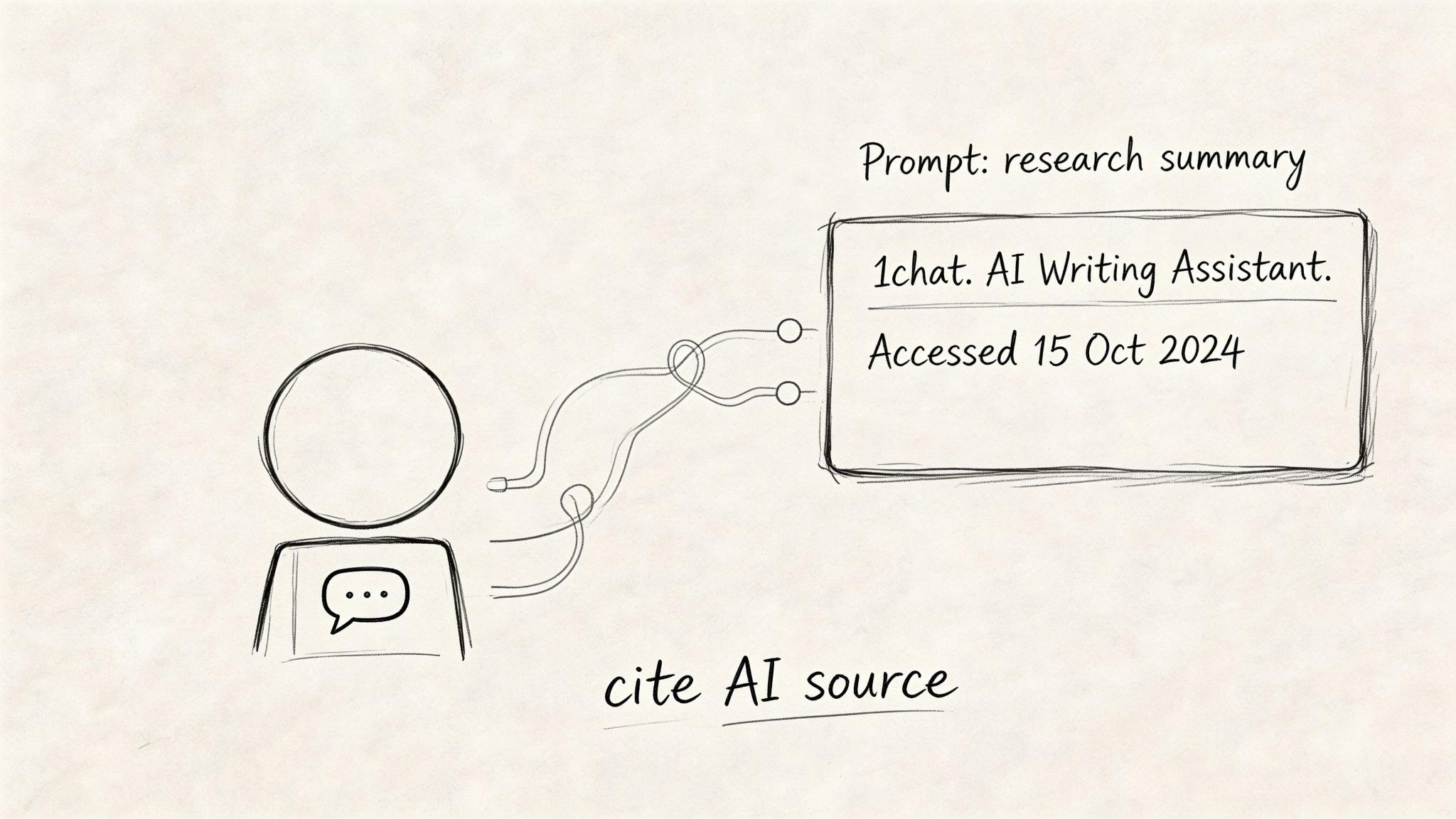 A hand-drawn sketch illustrating the proper MLA format method for citing an AI writing assistant source.