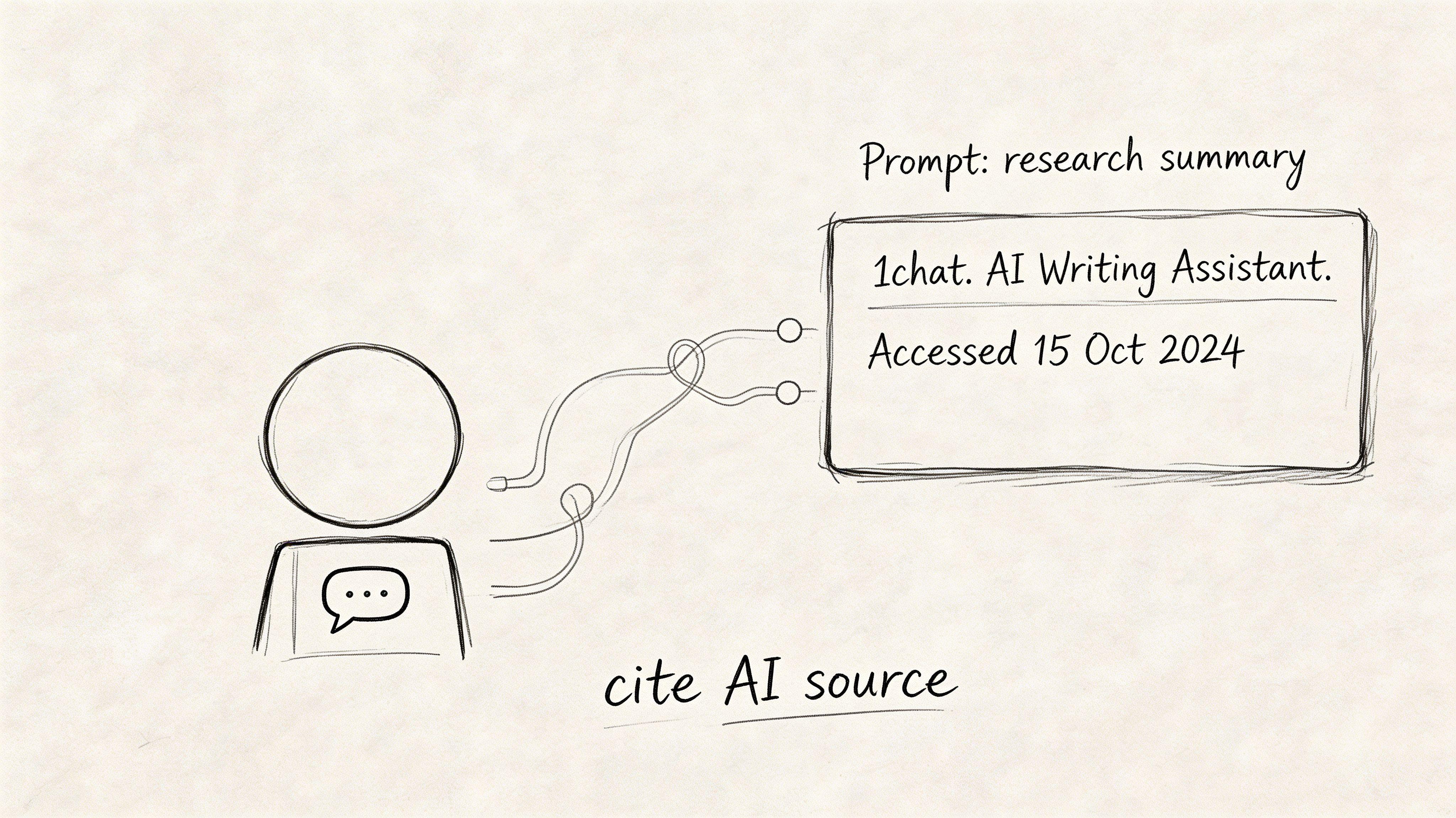 A hand-drawn sketch illustrating the proper MLA format method for citing an AI writing assistant source.