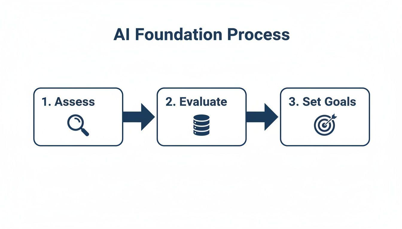 Diagram illustrating the AI Foundation Process with three steps: Assess, Evaluate, and Set Goals.
