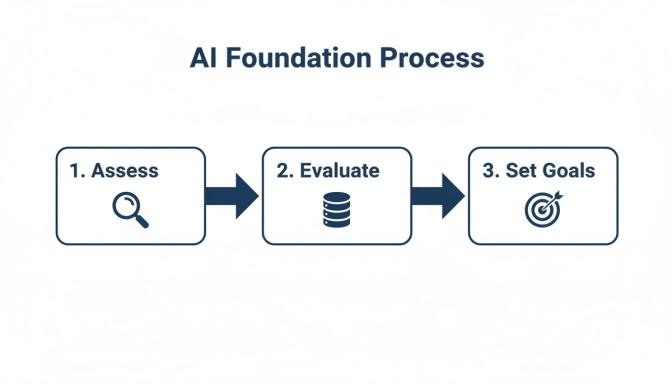 Diagram illustrating the AI Foundation Process with three steps: Assess, Evaluate, and Set Goals.
