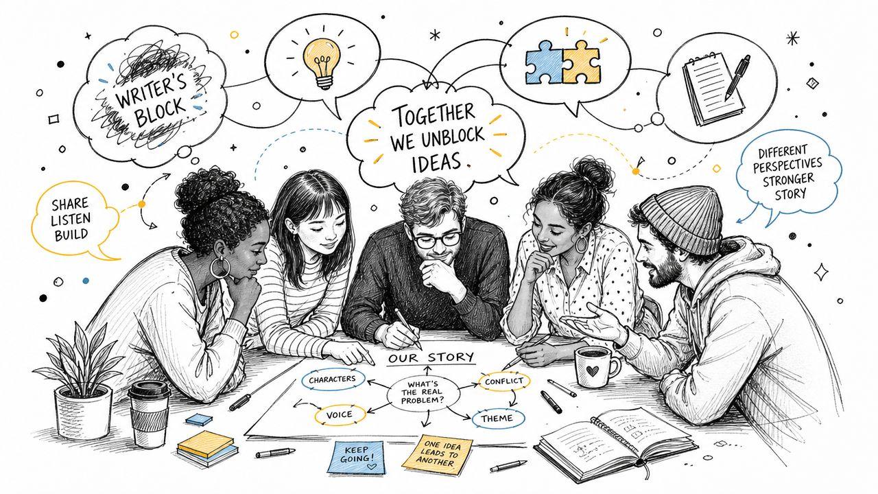 A diverse group of people collaborating around a table to overcome writer's block through creative brainstorming.