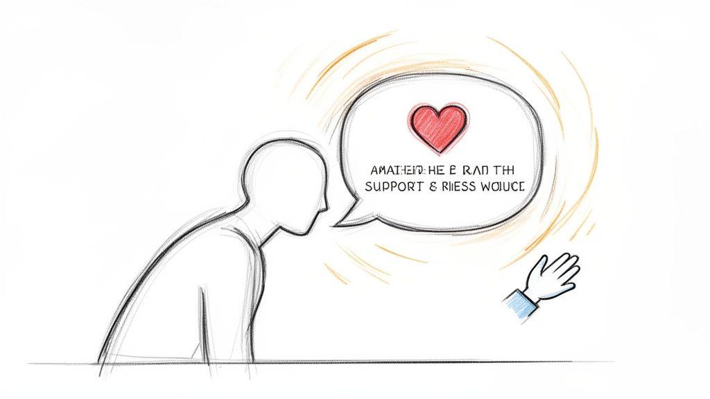 A sketched person speaks a message of support with a heart, and a hand reaches out.