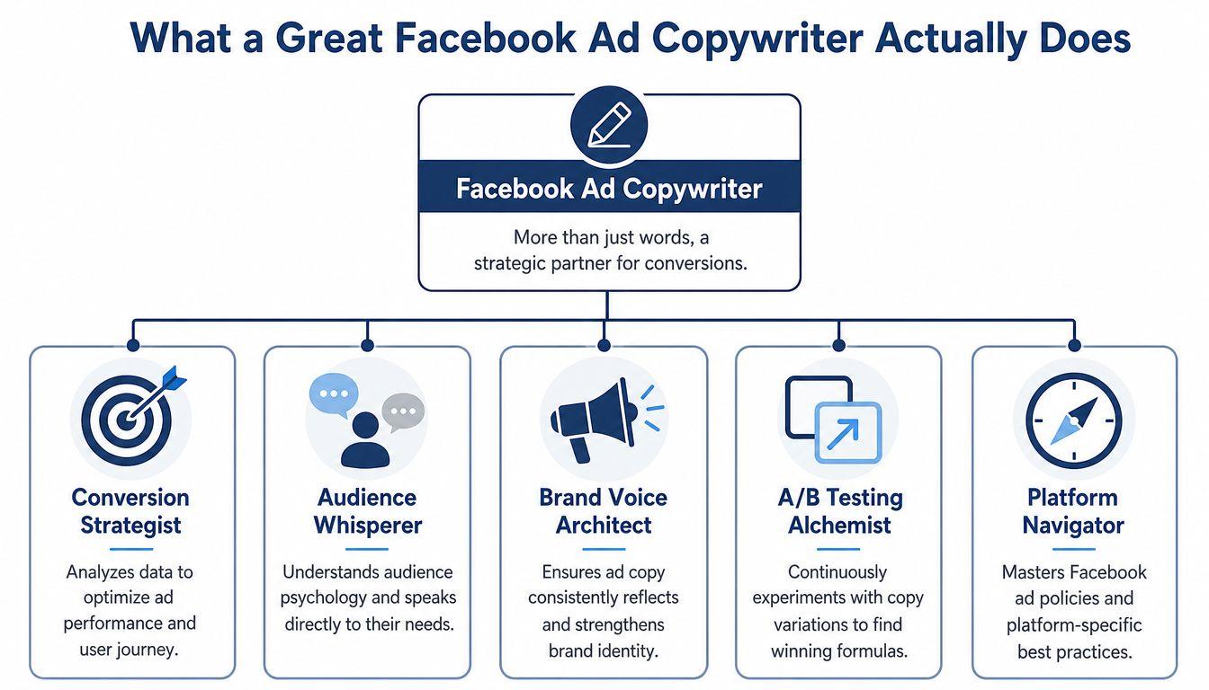A diagram outlining the five core responsibilities of a professional Facebook ad copywriter for marketing strategies.