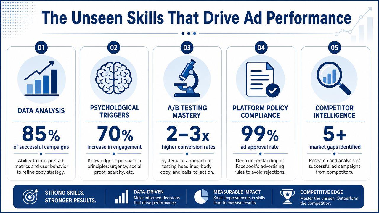 An infographic detailing five key skills for successful advertising, including data analysis, psychological triggers, and competitive intelligence.