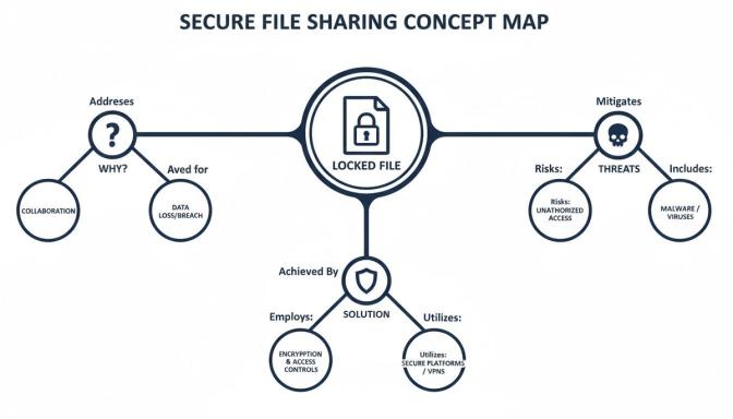 A concept map illustrates secure file sharing, outlining reasons, threats, and solutions using encryption and secure platforms.