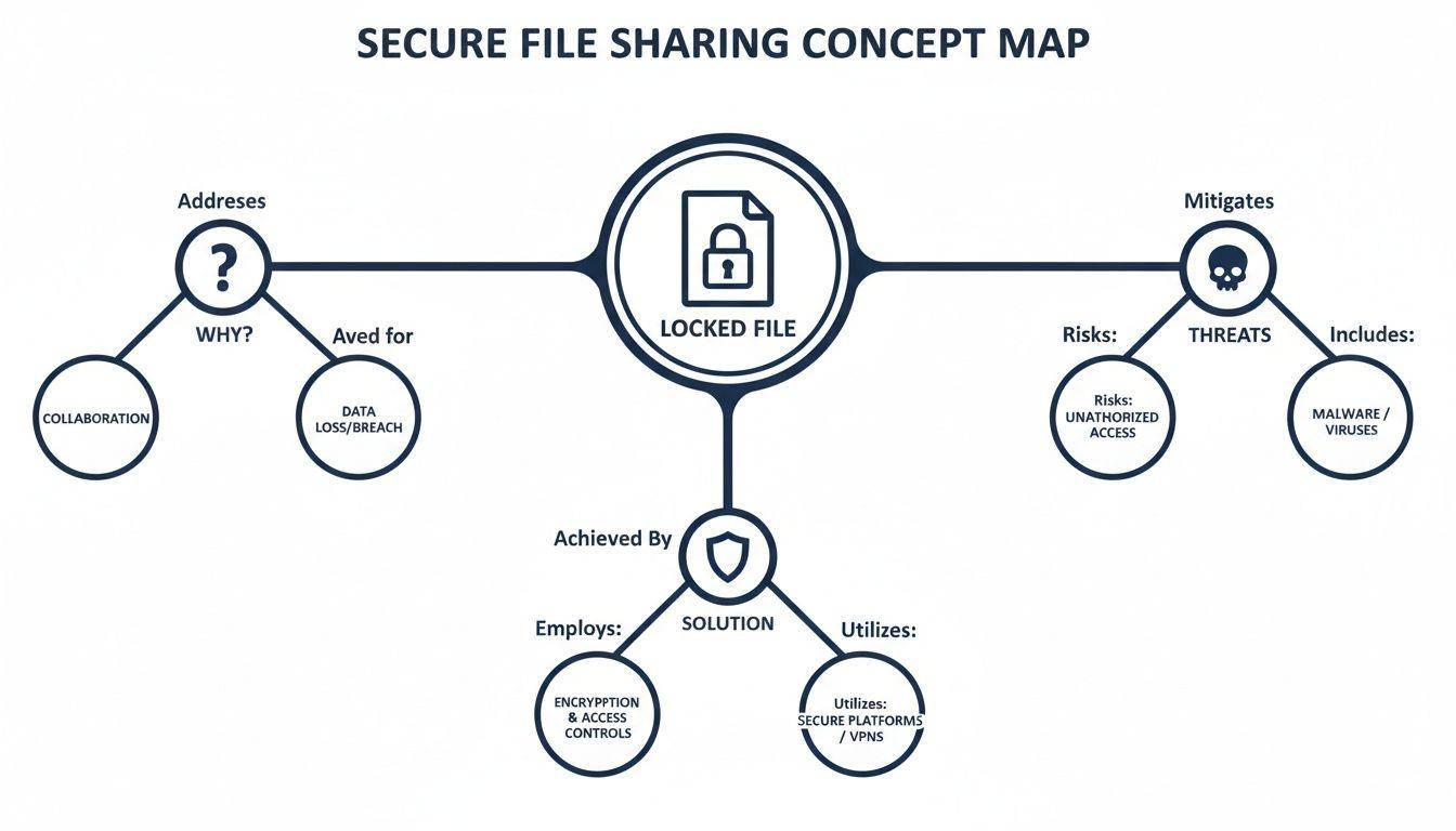 A concept map illustrates secure file sharing, outlining reasons, threats, and solutions using encryption and secure platforms.