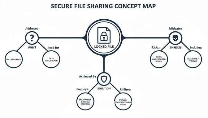 A concept map illustrates secure file sharing, outlining reasons, threats, and solutions using encryption and secure platforms.